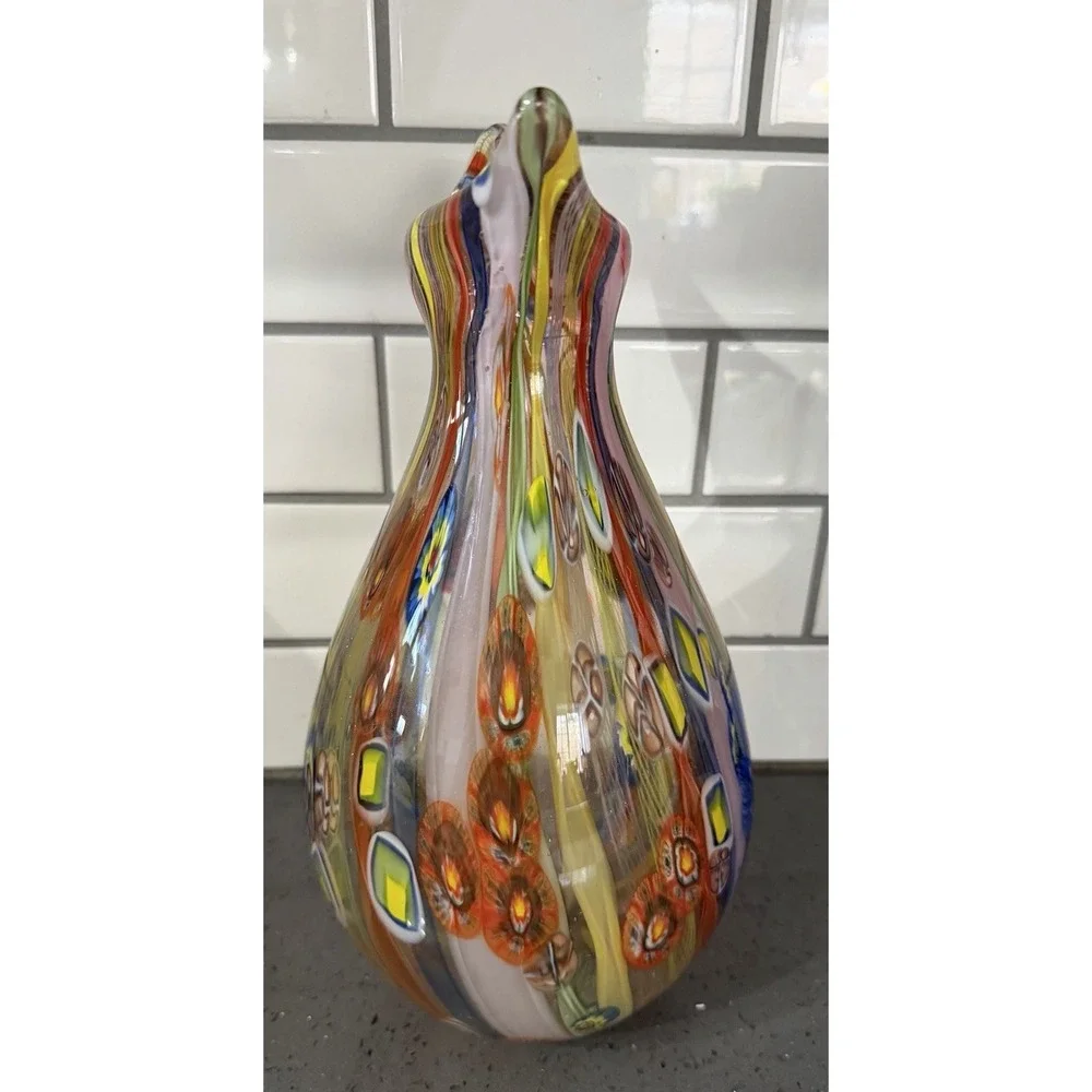 Art Glass Orange Red Blue Yellow Millefiori Vase Heavy Large